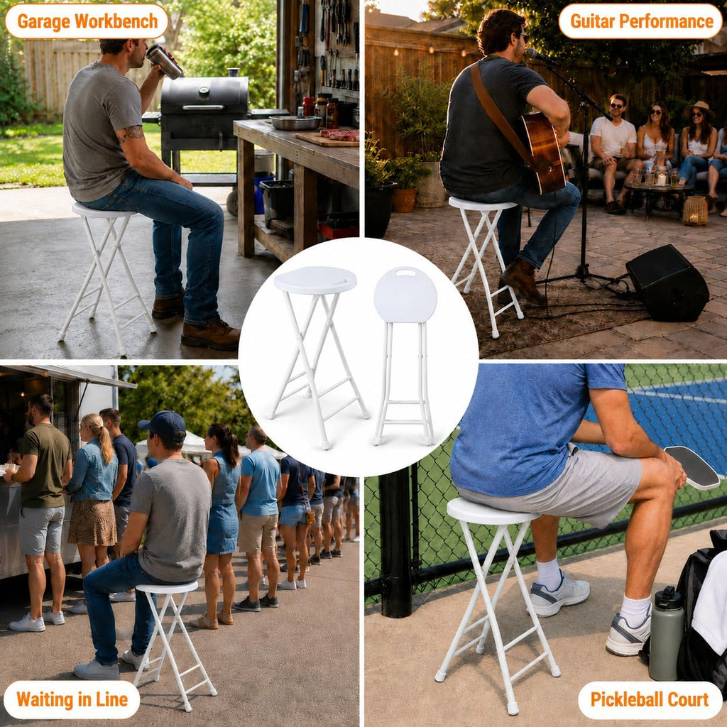 Folding Stool, White 24 Inch Foldable Bar Stool with Handle | Portable Seat, 500 lbs Capacity, Non-Slip Feet, Space-Saving for Guitar, Workbench, Kitchen Island, Outdoor, Party(1 Pack)