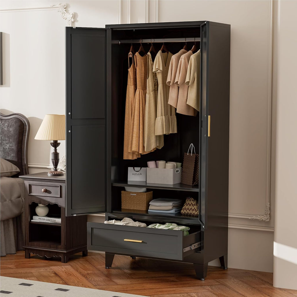 Black Metal Wardrobe Closet, Steel Armoire Wardrobe with Drawer Clothes Cabinet for Bedroom, 71" Tall Farmhouse Armoire Closet with Drawer, Shelf and 2 Doors Clothing Storage Cabinet with Hanging Rod