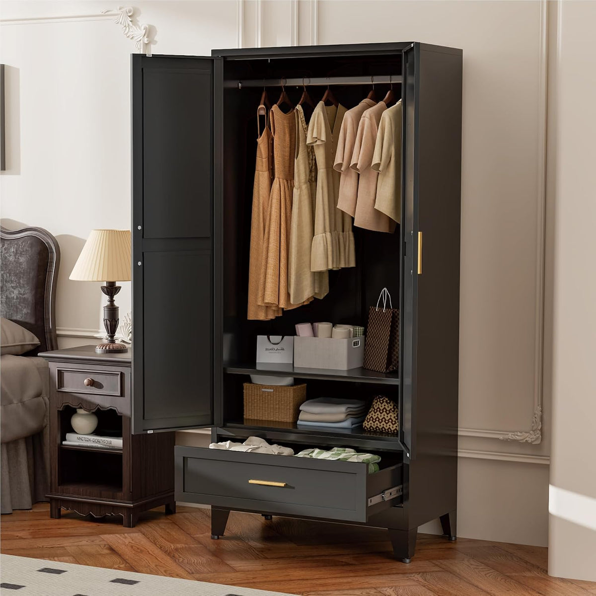 Black Metal Wardrobe Closet, Steel Armoire Wardrobe with Drawer Clothes Cabinet for Bedroom, 71" Tall Farmhouse Armoire Closet with Drawer, Shelf and 2 Doors Clothing Storage Cabinet with Hanging Rod