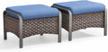 HUMMUH 2 Pieces Outdoor Wicker Ottomans-Outdoor Patio Ottoman with Removable Cushion Outdoor Footstool for Deck Lawn Porch Garden Backyard-Brown/Blue