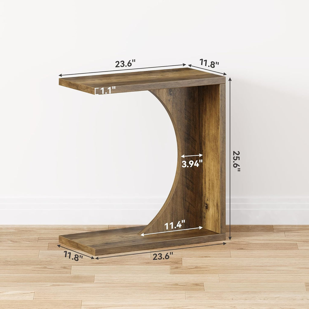 LITTLE TREE C Shaped End Table for Sofa & Bedroom - Small Side Table for Living Room, Over Couch Tray Stand for Laptop, Snacks, Books, Brown, 1 Pack