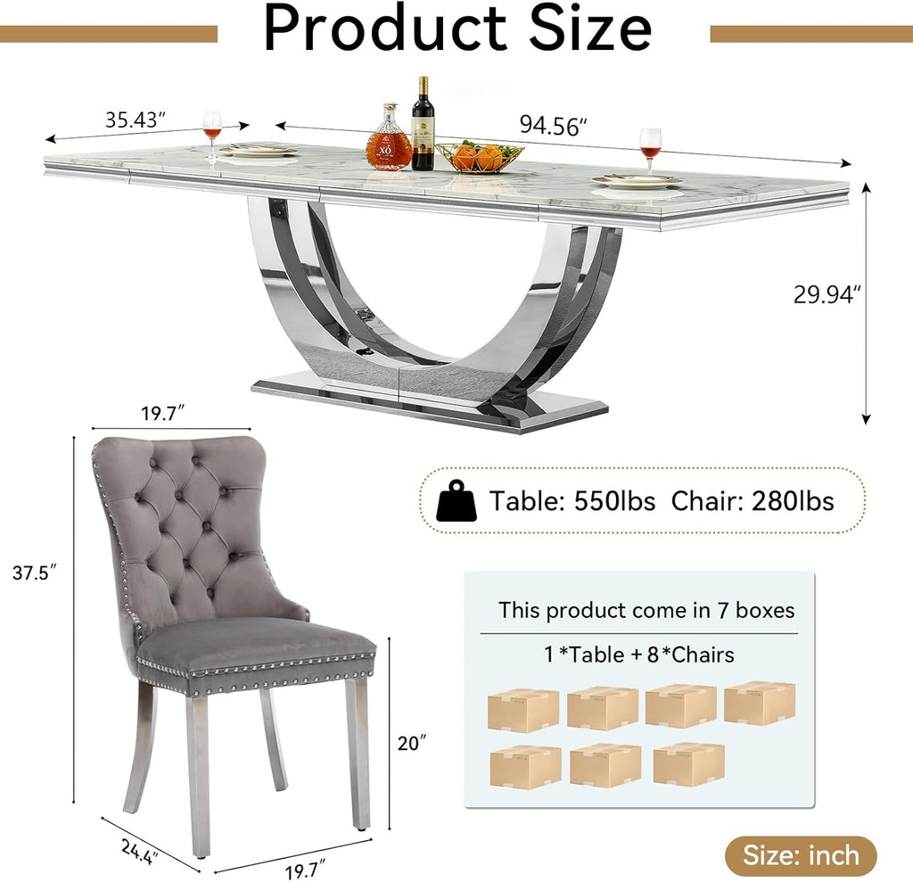 9-Piece Modern Dining Table Set with 8 Chairs, 94.5" Large Marble Kitchen Table & Grey Upholstered Chairs Set for 8, White Dining Room Table Set with Silver Stainless Steel Frame & Faux Mable Top