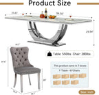 9-Piece Modern Dining Table Set with 8 Chairs, 94.5" Large Marble Kitchen Table & Grey Upholstered Chairs Set for 8, White Dining Room Table Set with Silver Stainless Steel Frame & Faux Mable Top