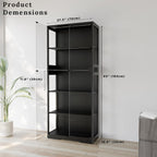Display Cabinet with Glass Doors, 5-Tier 65" Glass Display Cabinet with LED 3-Color Lights & Human Body Sensor, Curio Cabinet with Textured Wood Shelves for Collectibles,Black Iron Frame