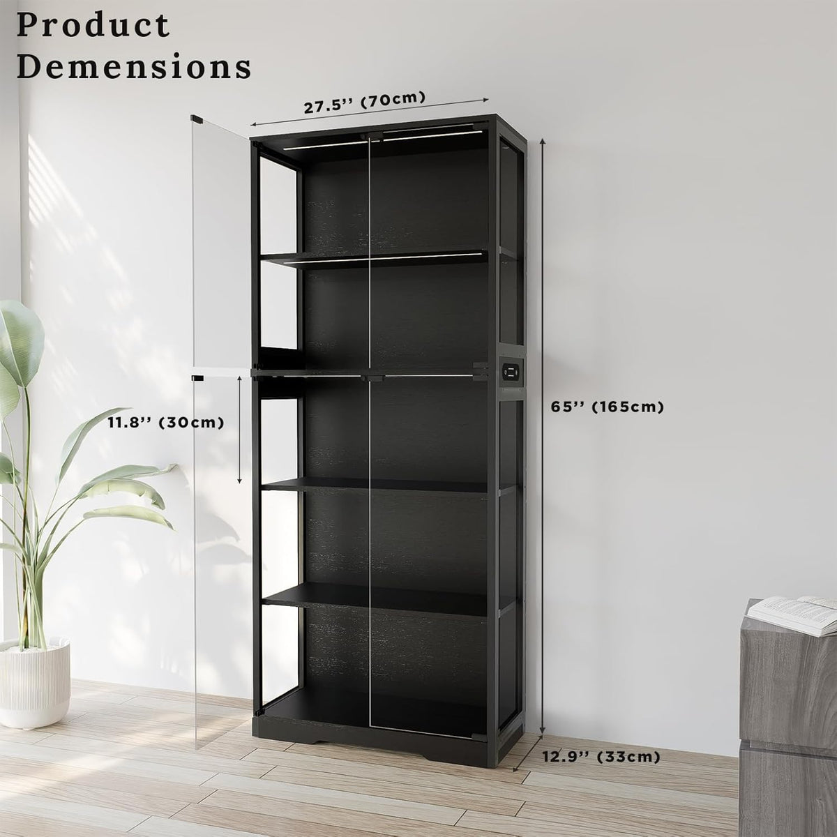 Display Cabinet with Glass Doors, 5-Tier 65" Glass Display Cabinet with LED 3-Color Lights & Human Body Sensor, Curio Cabinet with Textured Wood Shelves for Collectibles,Black Iron Frame