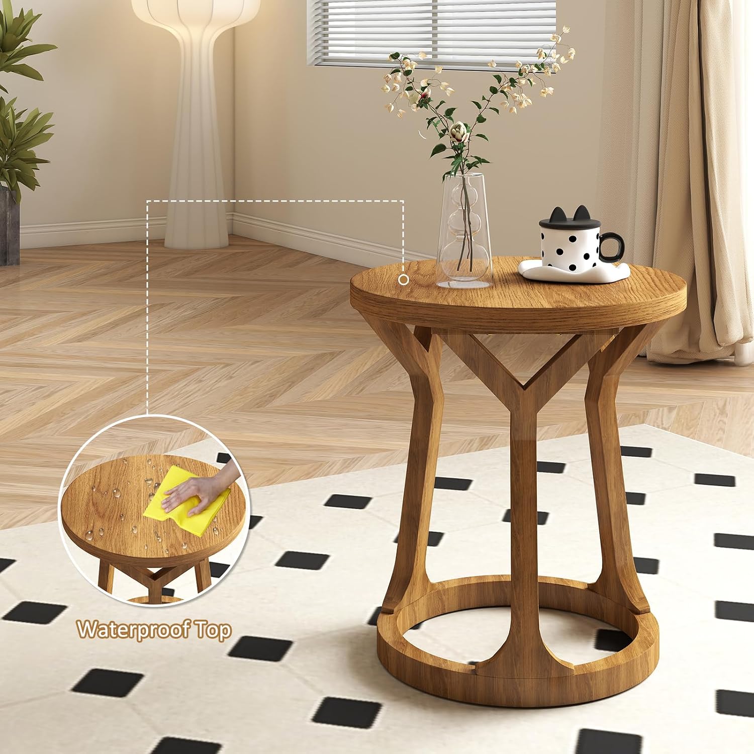 Round Side Table, Farmhouse End Table for Small Spaces, Accent Table for Living Room, Bedroom, Home Office (Brown, 1-Pack)