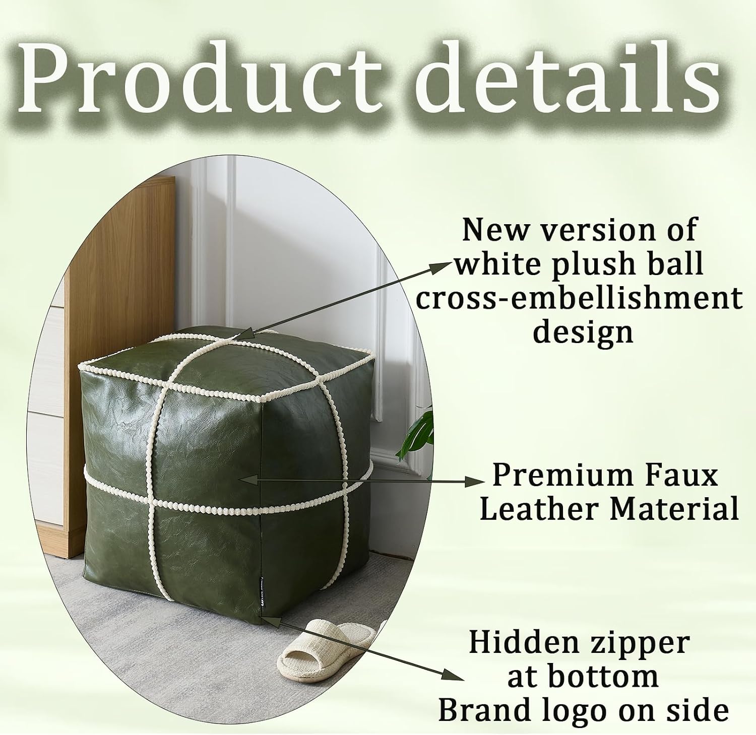 Louis Donné 18 Inch Square Unstuffed Pouf Ottoman Cover, Waterproof Faux Leather Moroccan Boho Footstool, Easy Clean Green Storage Foot Rest Decor for Living Room (Cover Only, No Filler)