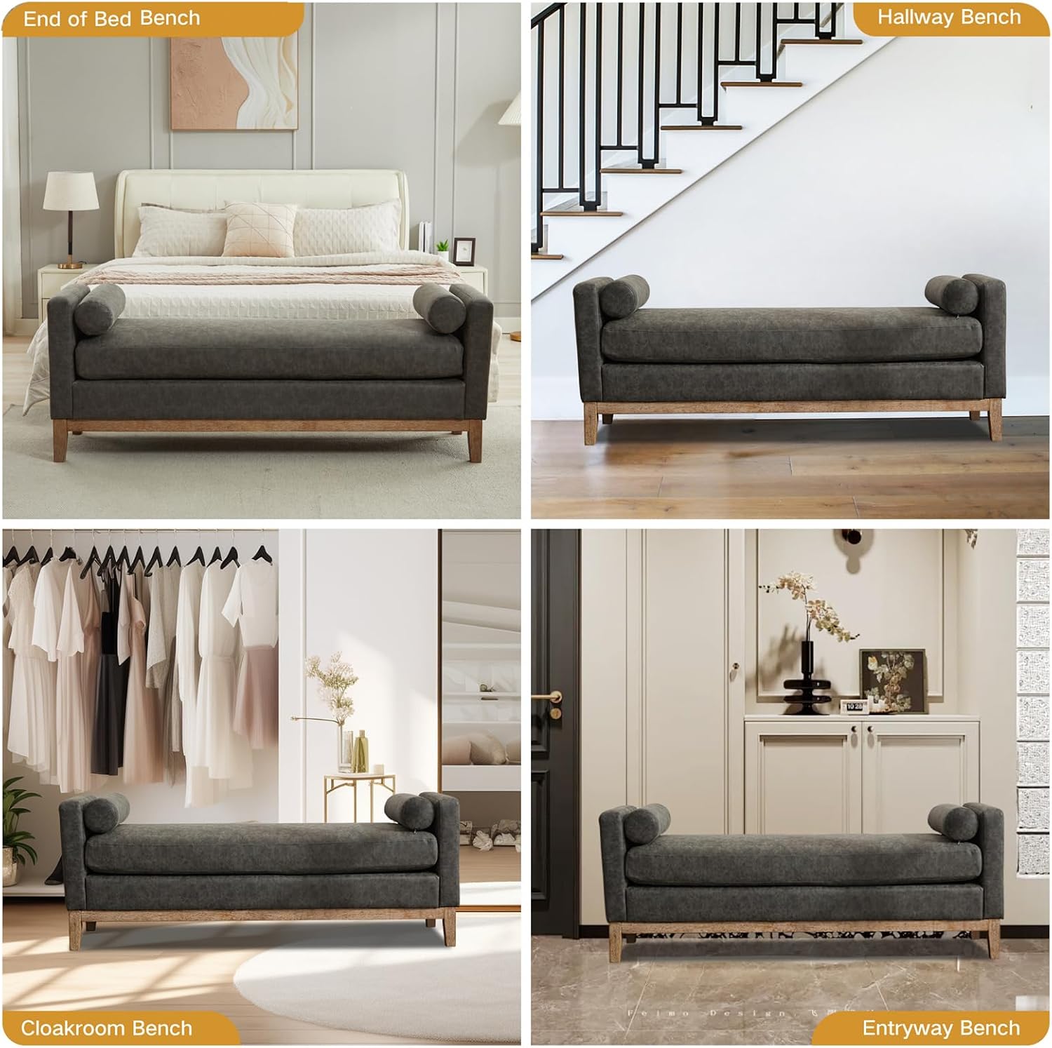 End of Bed Bench for Bedroom, 66.34'' Long King Size Vegan Leather Bench with Arms Upholstered Shoe Bench for Entryway, Hallway, Cloakroom, Window Bench (Grey PU).