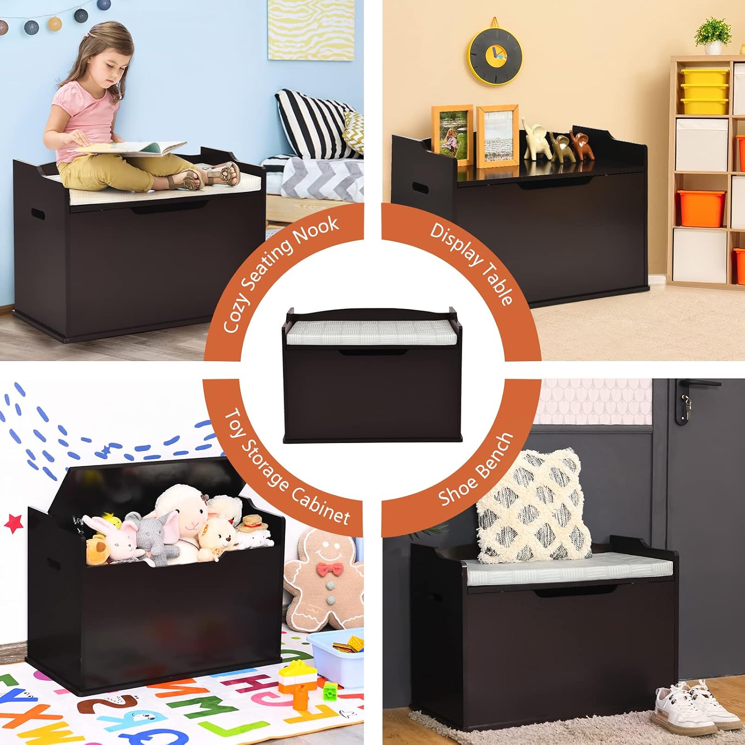 Costzon Modern Espresso Wooden Toy Chest with Bench Seat, Toy Storage Trunk Case, Finger-Pinch Prevention, Lift-Top Foot Rest Seat for Toddler Bedroom Playroom Entry