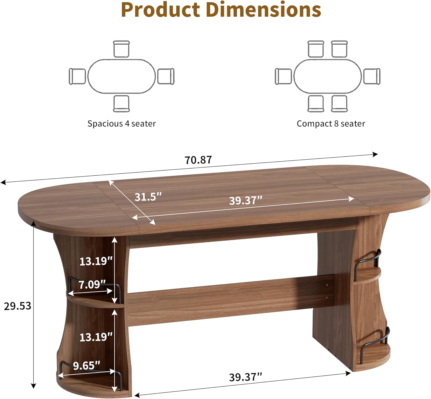 70.8" Dining Table for 4-6, Oval Kitchen Tables with Storage, Long Dinner Table with Curved Base, Modern Dining Room Tables for Living Room Gathering (Walnut)