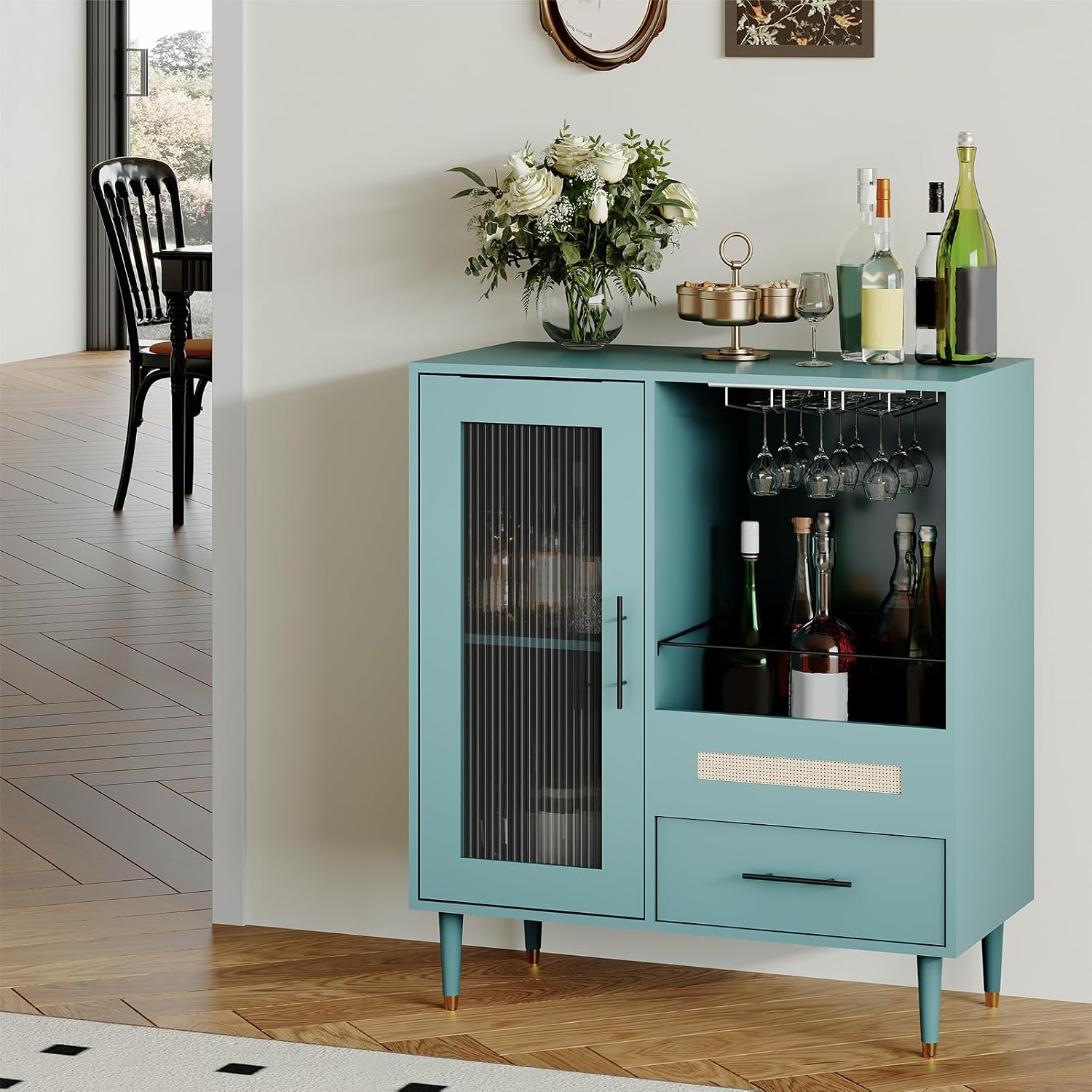 Modern Wine Bar Cabinet with Tempered Glass Door – Wine Rack, Drawers & Ample Storage – Freestanding Sideboard Buffet for Dining Room, Kitchen, or Coffee & Liquor Display – Green
