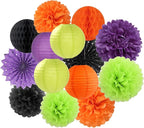 Black-Orange Purple Green Halloween Party-Decorations - 14pc Kit Paper Lanterns Fan,Tissue Flower Pom Poms Streamers,Honeycomb Balls,Birthday Supplie Wedding Baby Bridal Shower Decor Lasting Surprise
