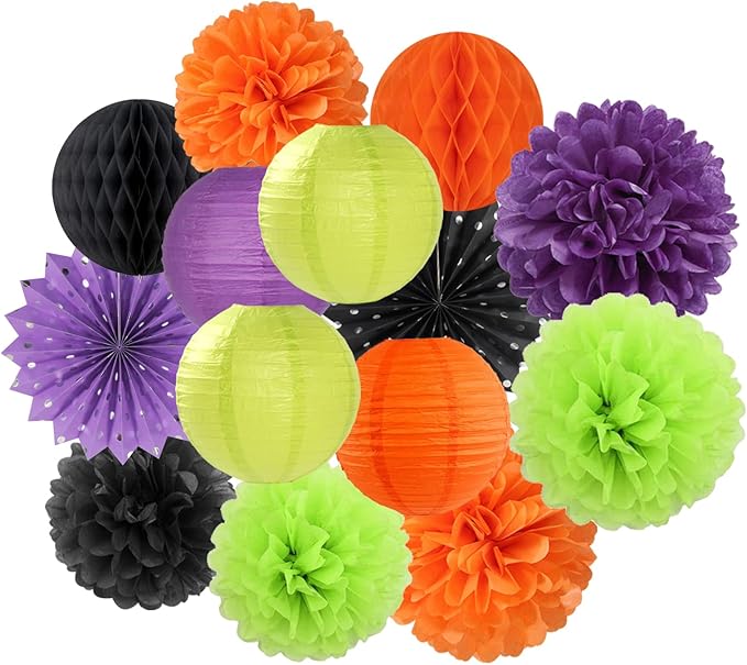 Black-Orange Purple Green Halloween Party-Decorations - 14pc Kit Paper Lanterns Fan,Tissue Flower Pom Poms Streamers,Honeycomb Balls,Birthday Supplie Wedding Baby Bridal Shower Decor Lasting Surprise