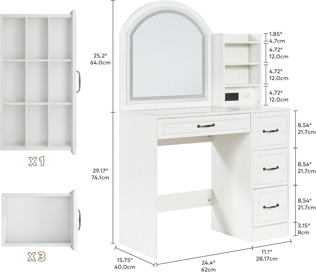 Makeup Vanity Desk with Mirror and Lights 3 Colors, Modern Dressing Table with Transparent Glass Tabletop, 4 Drawers, Power Outlet, Vanity Table for Bedroom, Bathroom