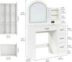 Makeup Vanity Desk with Mirror and Lights 3 Colors, Modern Dressing Table with Transparent Glass Tabletop, 4 Drawers, Power Outlet, Vanity Table for Bedroom, Bathroom