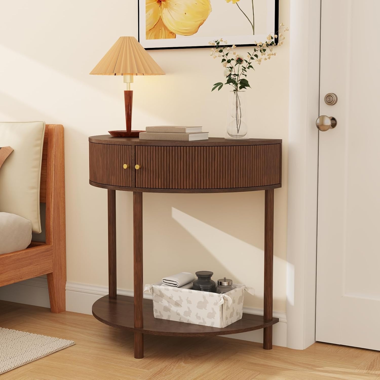 Entryway Table, Artisan-Crafted Half Moon Fluted Console Tables with 2 Rattan Storage,Small Half Circle Tables for Hallway, Narrow Round Accent Decort Table for Living Room (Brown)