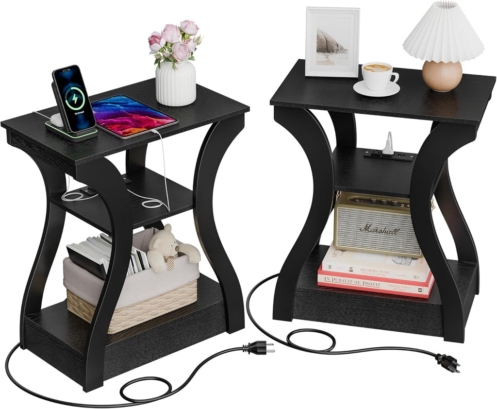 ZENY End Tables Set of 2 with Charging Station, Side Table with USB Ports and Outlets, 3 Tier Nightstand with Storage Shelf for Living Room, Bedroom, Black