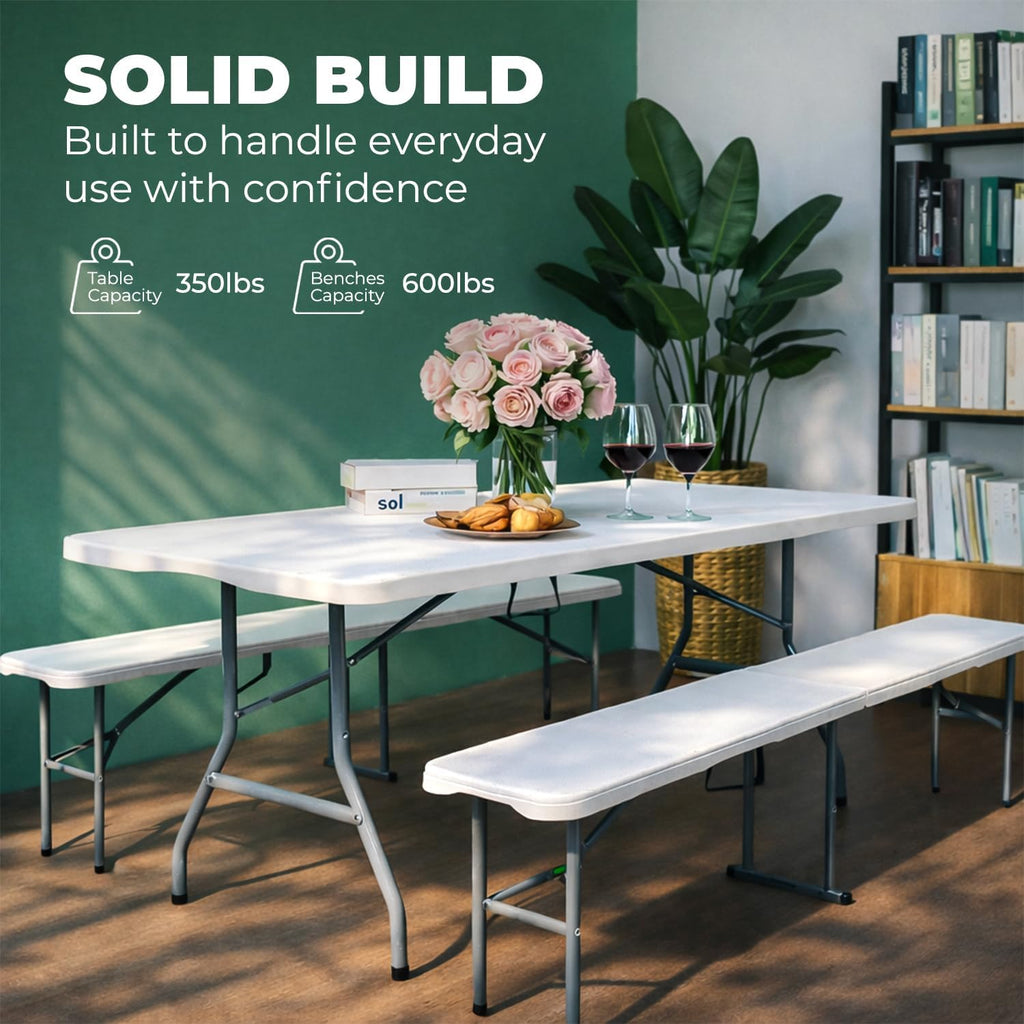 EconoHome 6 Ft White Plastic Folding Table Set with 2 Benches – Heavy-Duty Picnic Table & Bench Set, Space-Saving, Indoor/Outdoor, Seats 6-8, Easy Storage & Transport