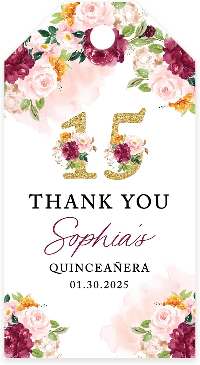 Andaz Press 40-Pack Personalized Quinceañera Favor Tags with String, Burgundy & Blush Florals Custom Classic Thank You Gift Tags for Mis Quince Años XV 15th Birthday Favor Gifts, Decorations