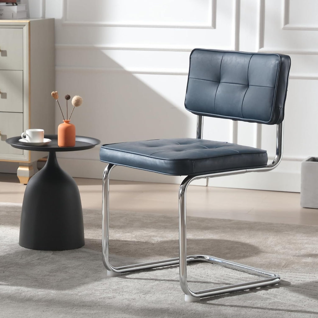 ONEVOG Retro Kitchen & Dining Chairs Set of 2, Mid Century Modern Dining Seat 19.3" with Faux Leather Cushion Back, Cantilever Chrome Metal Legs, Upholstered Armless Chair for Small Living Room, Blue