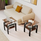 Brown Glass Coffee Table Sets of 3 for Living Room, 39" Mordern End Tables with Storage, Walnut Wooden Shelves & Black Metal Leg, Rectangle Center Table for Small Space Apartment