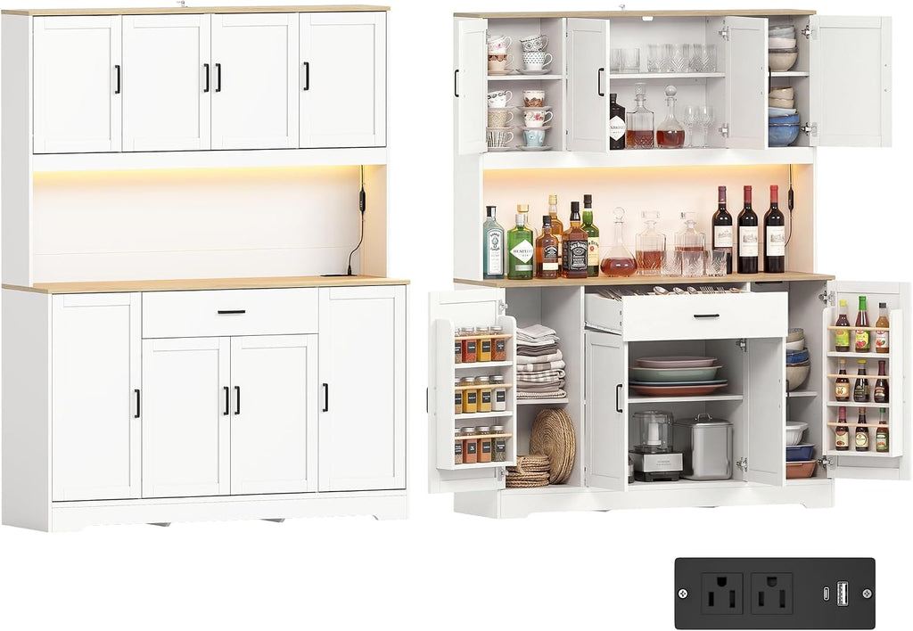 FUQARHY 71" Kitchen Pantry Storage Cabinet, Tall Kitchen Hutch with Charging Station, 55" Wide Large Food Pantry Storage Cabinet with LED Light, Drawers and Adjustable Shelf for Dining Room (White)