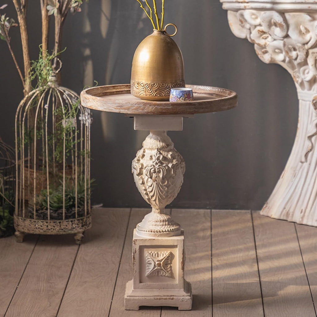 Vintage Round Side End Table, Wood Center Table, Vintage Hand Carved Side Table, Small Accent Pedestal Table for Bedside, Sofa, Living Room and Bedroom