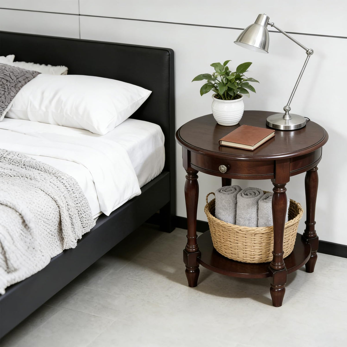 YUNMUAIR-Solid Wood End Table,Round Side Table with Drawers,Vintage Nightstand,Sofa Side Tables with Storage Shelf,Traditional Retro End Tables for Small Spaces,Living Room,Bedroom,Dark Brown