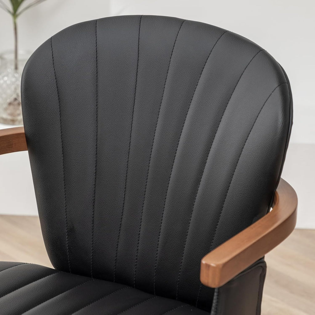 LUNLING Swivel Dining Room Chairs Set of 2 Mid Century Modern Black Faux Leather Kitchen Chairs with Arms Bamboo Legs Side Chairs No Wheels Bentwood Frame Accent Chair for Dining Rooms and Offices