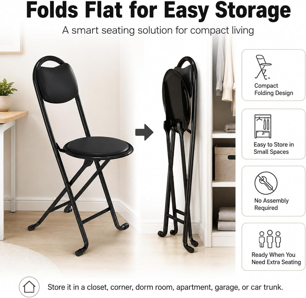 2 Pack Folding Stool with Back, 17 Inch Small Folding Chair, Black Stool with Padded PU Seat, Portable Foldable Stool Chair for Kitchen, Camping, Outdoor, Extra Seating, Black