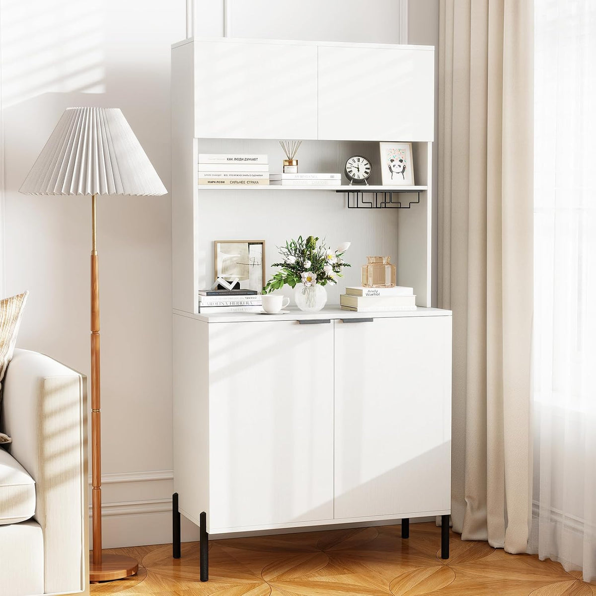 LOKO 64.5” Tall Kitchen Pantry Cabinet, Buffet Sideboard with Charging Station, Modern Wine Bar Cabinet with Wine Glass Rack, Kitchen Hutch Cupboard for Dining Room, Living Room (White)