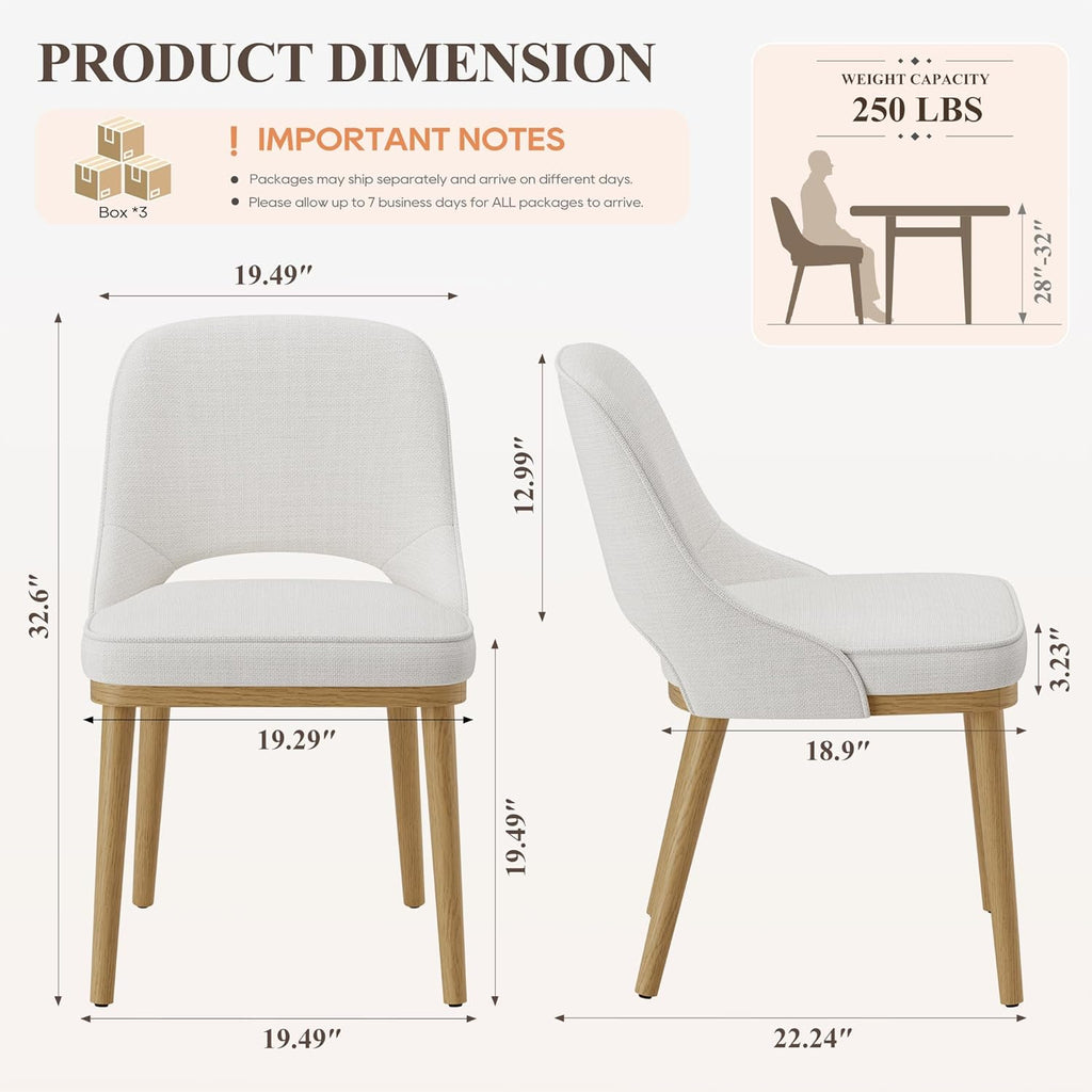 Modern Upholstered Dining Chairs Set of 6, Open Back with Solid Wood Legs, Ergonomic Curved Back Fabric Kitchen Chairs for Dining Room & Kitchen, Living Room Side Chairs, Farmhouse, Beige
