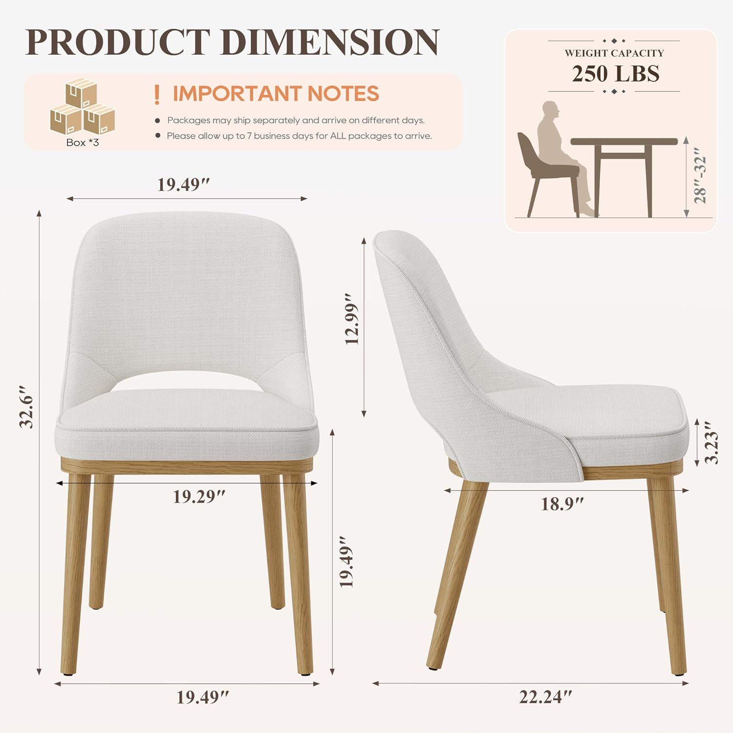 Modern Upholstered Dining Chairs Set of 6, Open Back with Solid Wood Legs, Ergonomic Curved Back Fabric Kitchen Chairs for Dining Room & Kitchen, Living Room Side Chairs, Farmhouse, Beige