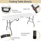1 Set 6 FT Rectangle Folding Table with Carrying Handle, Lightweight Fold-in-Half Utility Table, with Matching White Stretch Spandex Covers, Ideal for Weddings, Parties, Camping, Banquets.