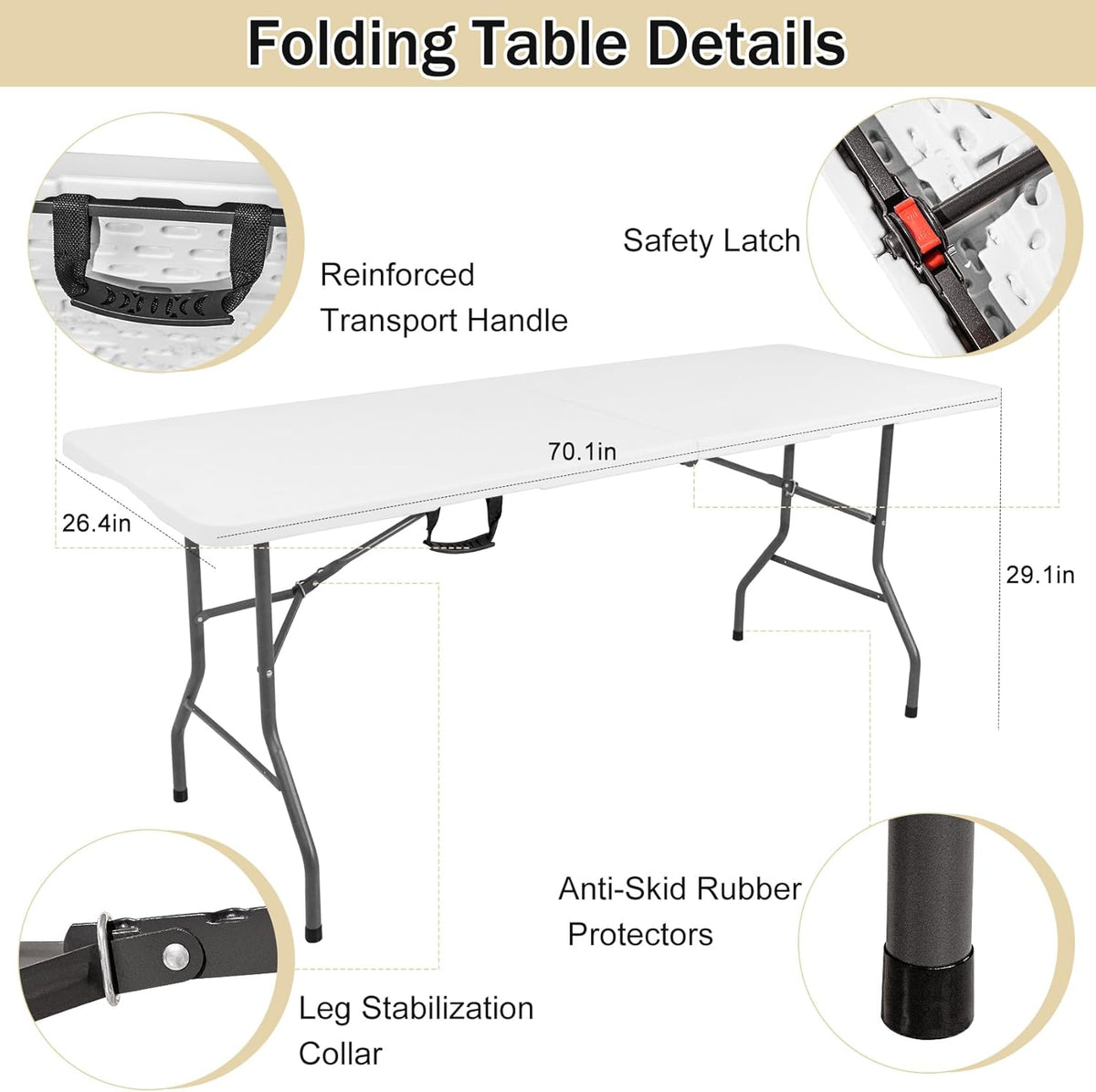 1 Set 6 FT Rectangle Folding Table with Carrying Handle, Lightweight Fold-in-Half Utility Table, with Matching White Stretch Spandex Covers, Ideal for Weddings, Parties, Camping, Banquets.