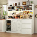 Gyfimoie Farmhouse Kitchen Pantry Cabinet with Power Outlet & LED Light, Large Coffee Bar Cupboard with Microwave Stand, 3 Doors & 3 Drawers, 7 Cup Holders & 8 Open Cubbies, Adjusted Shelves (White)