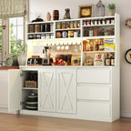 Gyfimoie Farmhouse Kitchen Pantry Cabinet with Power Outlet & LED Light, Large Coffee Bar Cupboard with Microwave Stand, 3 Doors & 3 Drawers, 7 Cup Holders & 8 Open Cubbies, Adjusted Shelves (White)