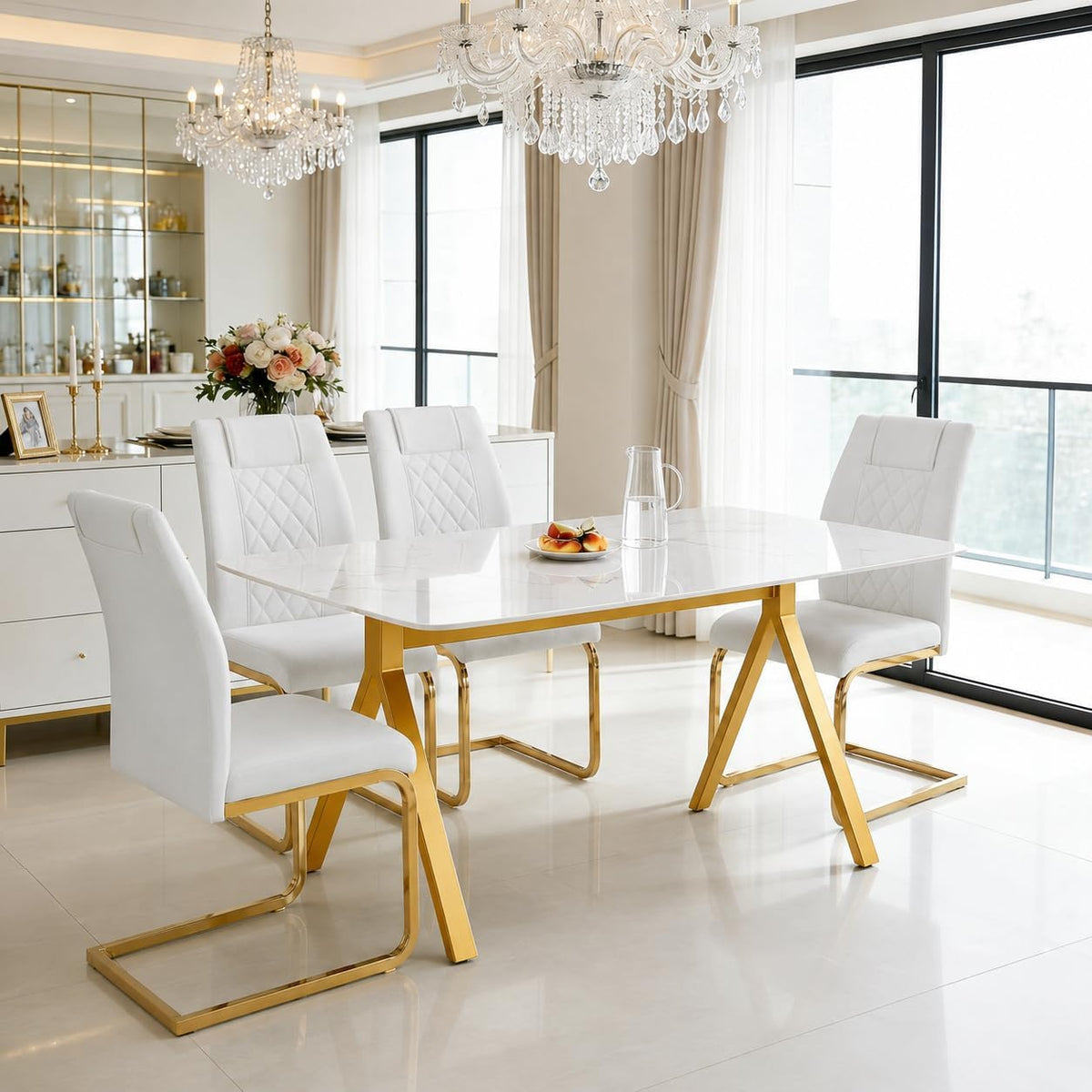 51.2 Inch Faux Marble Dining Table,Rectangular Glass Dining Table for 4-6,White Dining Room Table with Tempered Glass Tabletop and Golden Metal Legs,Luxury Dinner Table for Kitchen Apartment