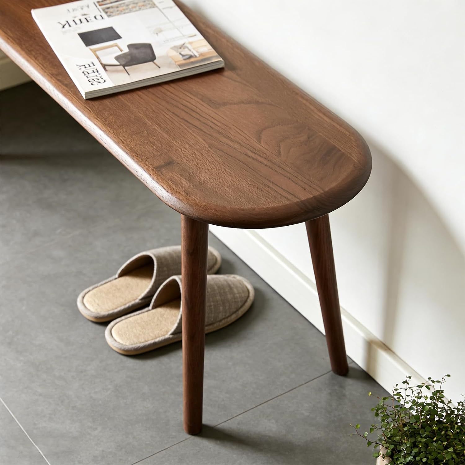47" Solid Wood Skinny Bench | Walnut Finish Narrow Dining Bench | Mid-Century Modern Entryway Bench for Bed End, Living Room | Rounded Corners | Solid Oak Indoor Furniture