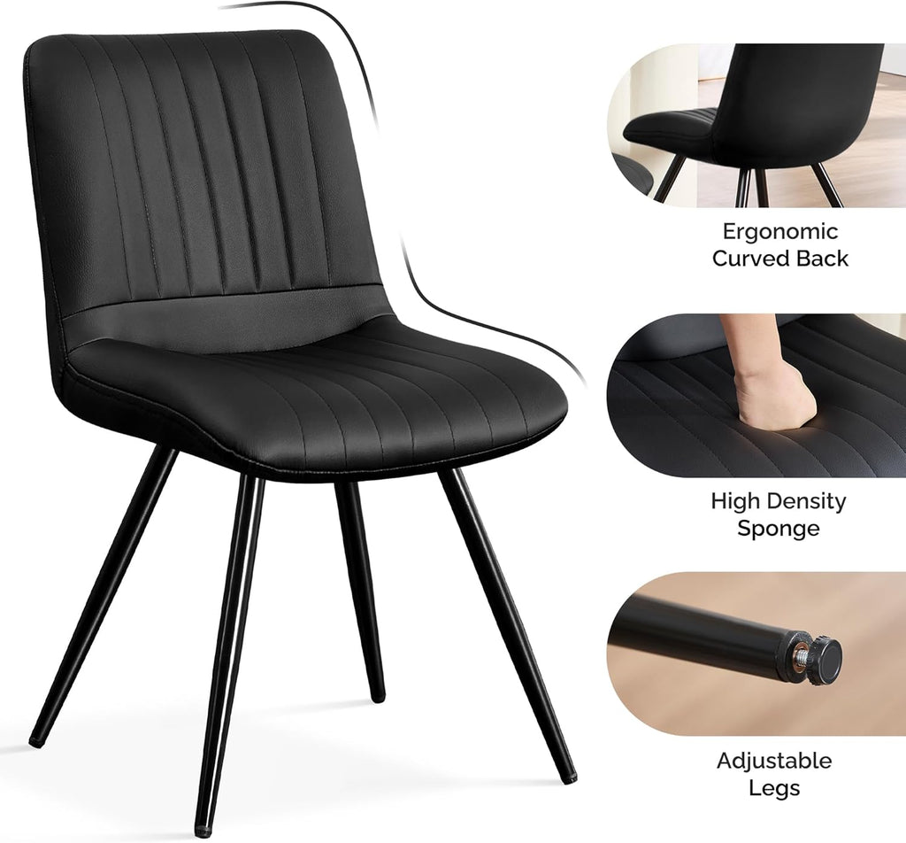 Dining Chairs Set of 4, Modern Dining Chairs with Thick Cushions, PU Leather Upholstered Kitchen Dining Room Chairs with Metal Legs for Dining Living Room (Black)