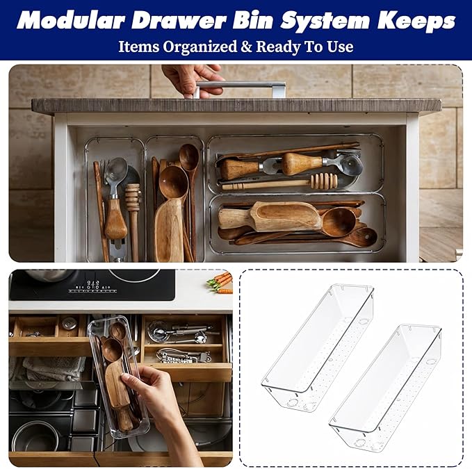 12 Pcs Clear Plastic Drawer Organizers, Vanity Drawer Organizer for Kitchen Utensils, Bathroom Drawers Organizer Trays, 9 x 3 x 2 Inch Acrylic Drawers Dividers for Makeup and Office Desk Organization