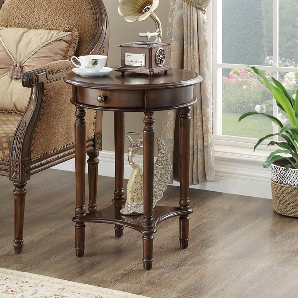 YUNMUAIR-Vintage End Side Table Solid Wood End Table with Drawer and Storage Shelf,26-Inch Tall Round Nightstand,Wooden Accent Table for Living Room Bedroom,No-Tools Assembly,Dark Walnut