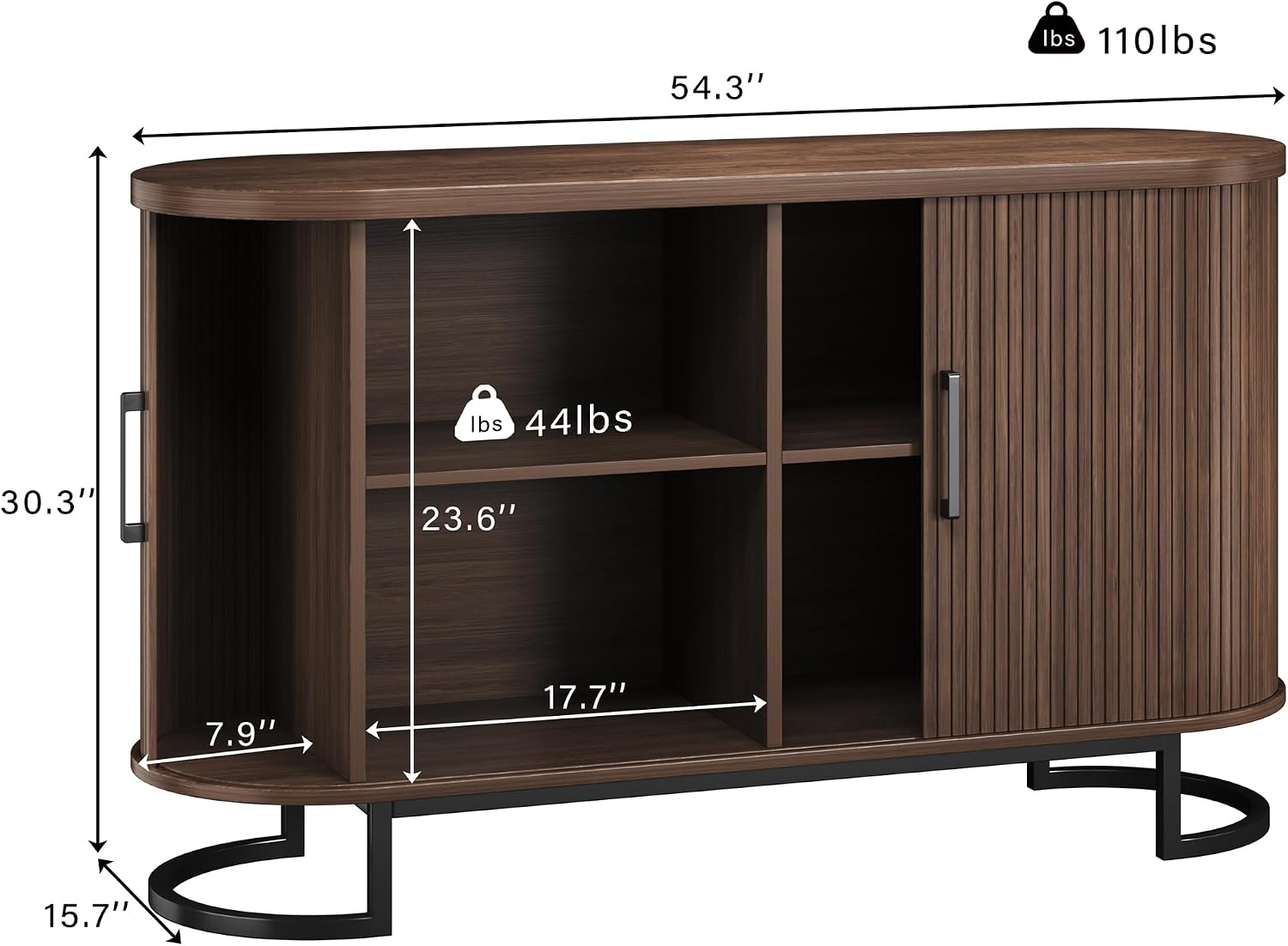HUAHUU Sideboard Buffet Cabinet with Storage, 54.3" Fluted Tambour, Adjustable Shelves, Mid Century Modern Console for Living Room Kitchen Walnut