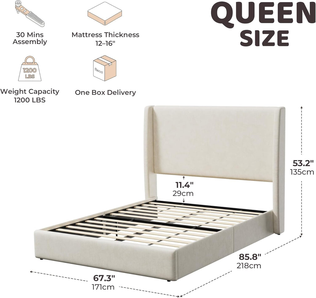 RECCI Queen Bed Frame with 53'' Extra Tall Wingback Headboard, Low Profile Grounded Upholstered Platform Bed Frame, Squeak-Free, Easy Assembly, No Box Spring Needed, Beige