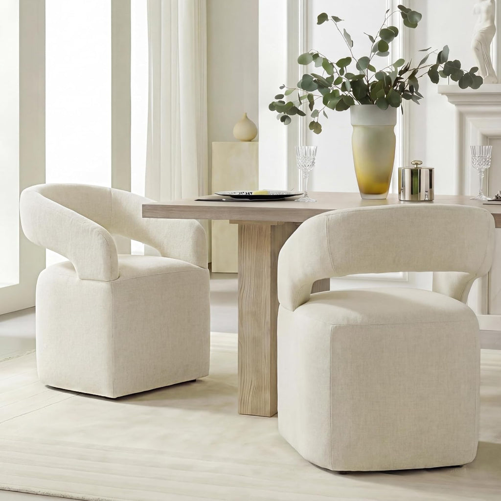 KISLOT Upholstered Dining Chairs Set of 1, Modern Arm Kitchen & Dining Room Chairs with Hidden Casters, Linen Fabric Padded Rolling Chairs, Sturdy Wood Frame, 300 lbs Capacity, Cream Beige