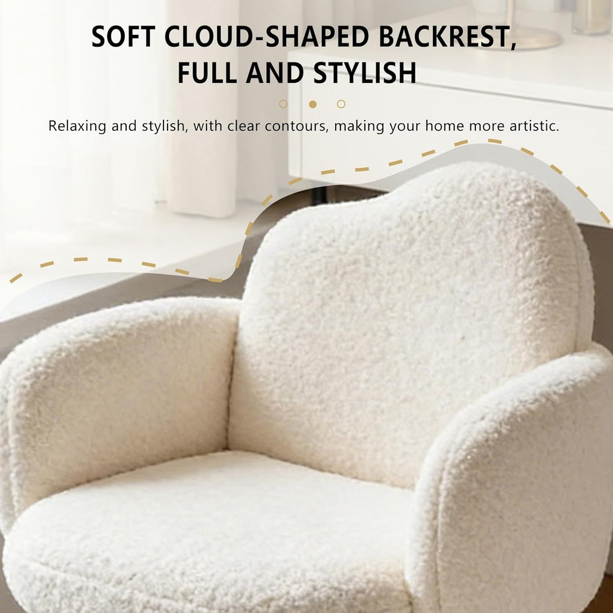Modern Upholstered Vanity Chair with Arms, No Wheels Desk Chair, Soft Comfortable Accent Chair for Makeup, Bedroom, Living Room, Office or Balcony (White)