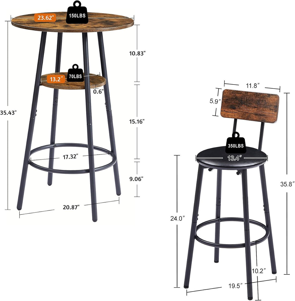 23.6" 3 Piece Round Bar Table and Chair Set with Shelf Rustic Brown | Rustic Brown Particleboard And Black Steel Frame With Integrated Middle Storage Shelf For Small Spaces