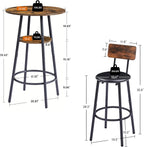 23.6" 3 Piece Round Bar Table and Chair Set with Shelf Rustic Brown | Rustic Brown Particleboard And Black Steel Frame With Integrated Middle Storage Shelf For Small Spaces