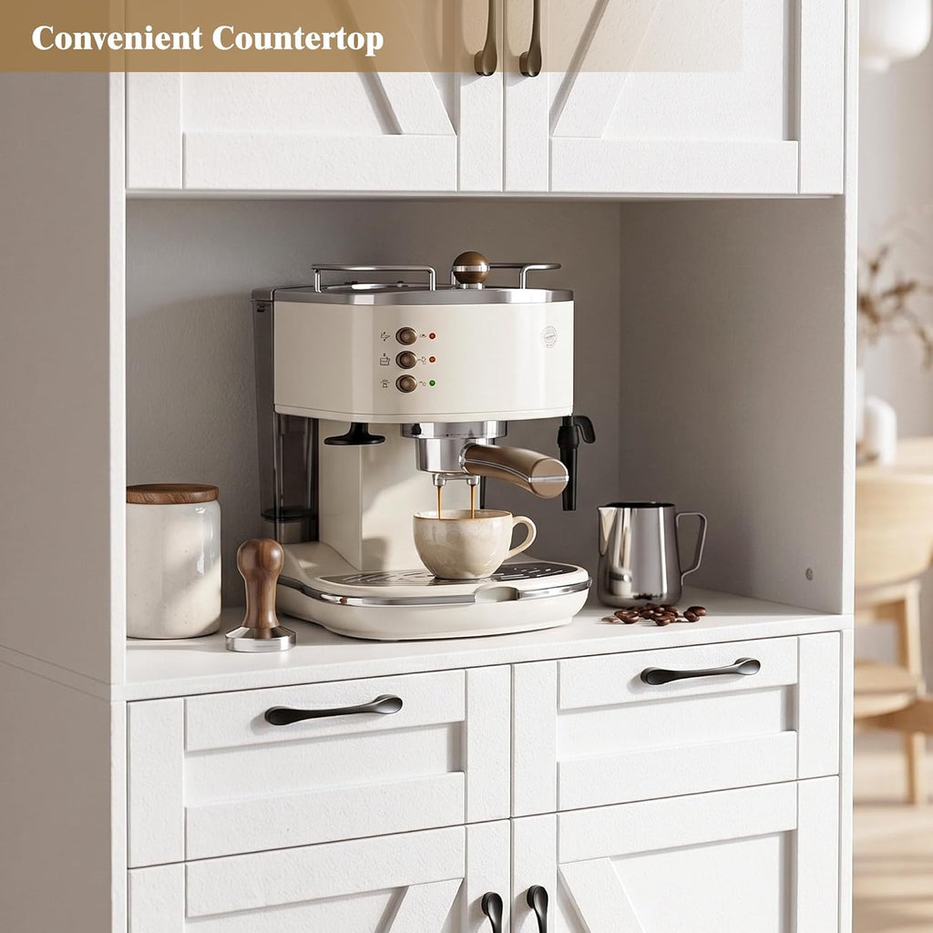 Tall Kitchen Pantry Cabinet with 2 Drawers, White Hutch Cabinet with Storage, Kitchen Pantry Storage Cabinet with Countertop and Adjustable Shelf, Tall Pantry for Kitchen