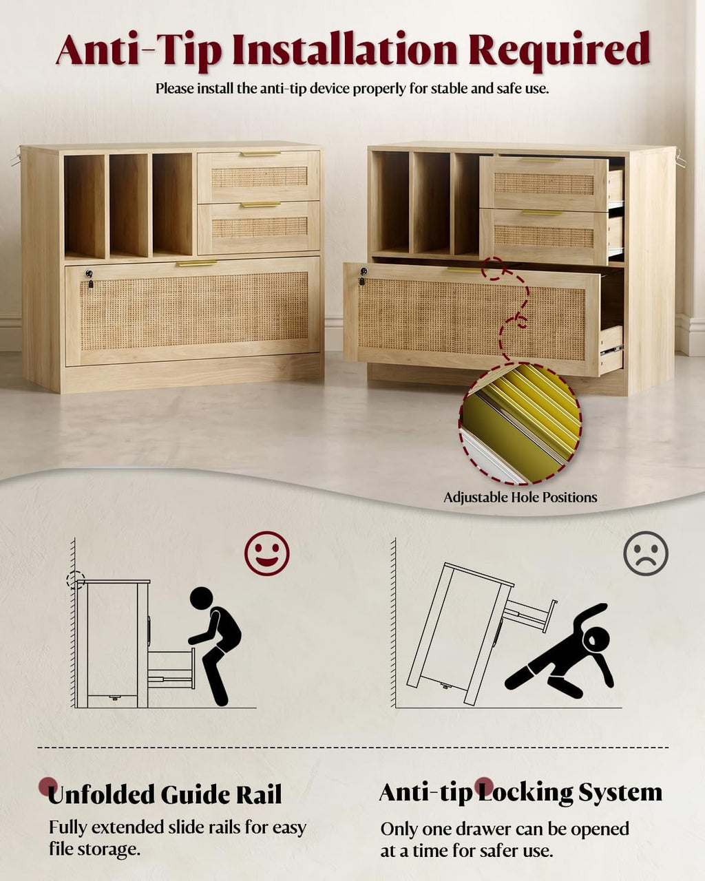 HOPUBUY 3 Drawer File Cabinet with Lock, Wood Rattan Lateral Filing Cabinet for Home Office, Printer Stand with 3 Open Shelves for Letter/Legal/A4/F4 Size, Adjustable Hanging Bars, Natural Wood
